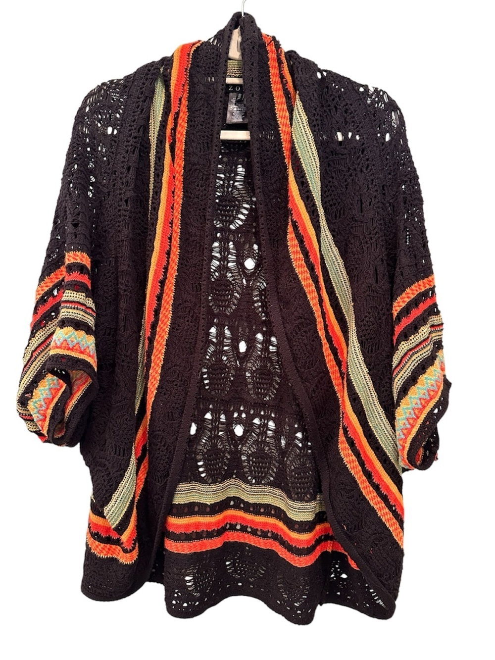 Black Open-Knit Cardigan with Orange & Green Stripe Accents